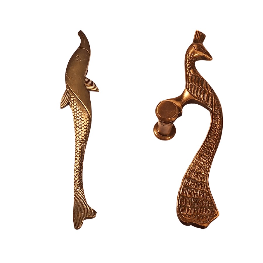 FANCY BRASS DOOR HANDLE (ANTIQUE) FISH & PEACOCK